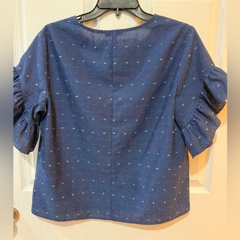 DREW Blue Ruffled Boxy Short Sleeve Blouse Ruffle Sleeve - Picture 6 of 6
